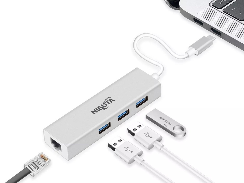 DOCKING NISUTA USB C 3.1 A HUB 3 PUERTOS USB 3.0 Y PUERTOS RJ45 GIGABIT 10/100/1000