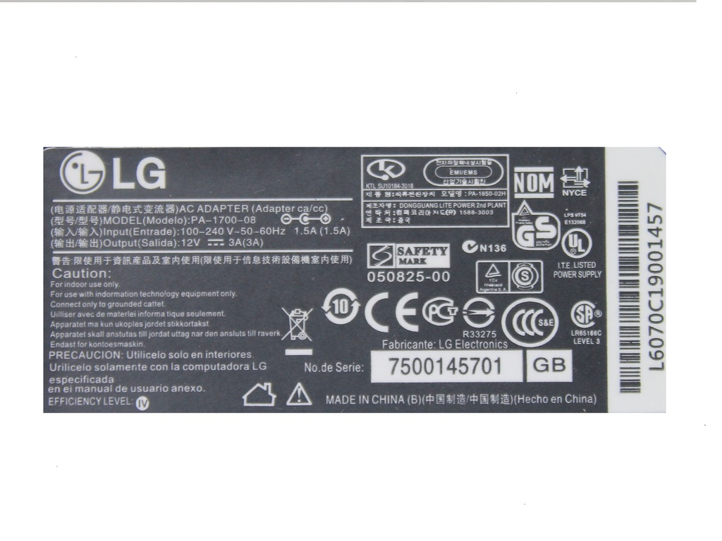 CARGADOR  P/MONITOR LG / 100-240 / 12V / 3A / 36W / 6.5 * 4.4mm